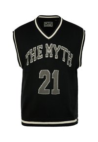 Schwarzes ärmelloses Strickjersey mit der Aufschrift "THE MYTH" in fettem Weiß und Grau, der Nummer "21" in Grau, und kontrastierendem weißen Saum entlang des Ausschnitts und Saums.