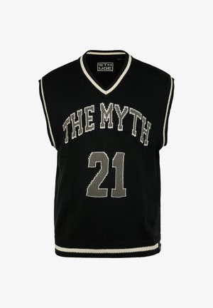 Czarny bezrękawnik z dzianiny z napisem "THE MYTH" w białych i szarych, wyraźnych literach, numerem "21" w szarym, z kontrastowym białym wykończeniem przy dekolcie i krawędzi.