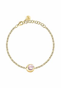 Bracciale in oro con una pietra rosa rotonda al centro, fissato con un fermaglio a molla. Texture liscia, design delicato.