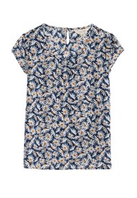 Navy blouse with short sleeves, featuring a floral pattern of white daisies and orange centers, with a keyhole detail at the neckline.