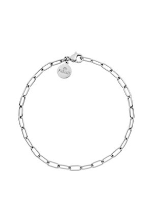 Silbernes Gliederarmband mit rundem Purelei-Logoanhänger und Karabinerverschluss auf weißem Hintergrund.