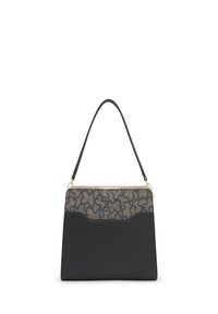 Czarna torba na ramię z wzorzystą przednią panelem w kolorze jasnobrązowym, z logo, o gładkiej teksturze i pojedynczym paskiem. Zamek błyskawiczny na górze.