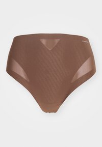Brune høytlivs truse laget av lett materiale. Den har en glatt tekstur med en subtil glans og trekantede utskjæringer på sidene.