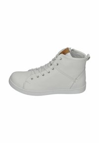 White leather high-top shoes with lace-up front, round toe, and textured finish. Features a tan accent on the top and a side zipper.