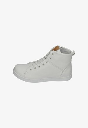 White leather high-top shoes with lace-up front, round toe, and textured finish. Features a tan accent on the top and a side zipper.