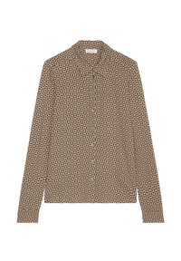 Chemise marron à boutons avec un motif géométrique beige clair. Dotée d'un col et de manches longues avec poignets à boutons. Texture de tissu doux.