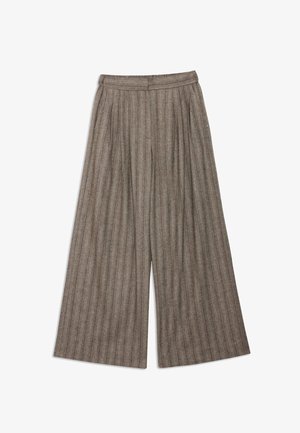 Bruine geruite wijde broek met hoge taille, voorzien van verticale streepjes, plooien en een textuur van wolmix.