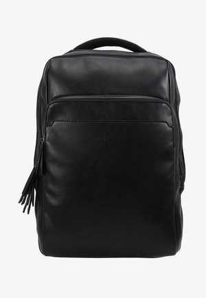 Sac à dos en cuir noir avec une texture lisse, poche avant zippée et une poignée supérieure pour le transport. Design minimaliste sans marque visible.