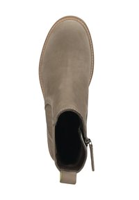 Grey leather ankle boot with a smooth texture, side zipper, and a pull tab. The sole features contrasting stitching and a rounded toe.