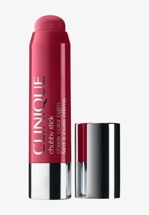 Balsamo colorante per guance Clinique Chubby Stick in rosa intenso con base e cappuccio argento, in piedi con il cappuccio rimosso.