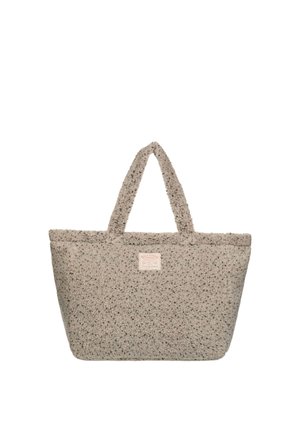 Borsa tote grigia strutturata con manici corti e una piccola etichetta rettangolare al centro davanti.