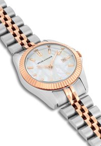 Reloj de plata y oro rosa con un bisel texturizado, esfera de nácar y una pulsera de eslabones con acabados pulidos y cepillados.