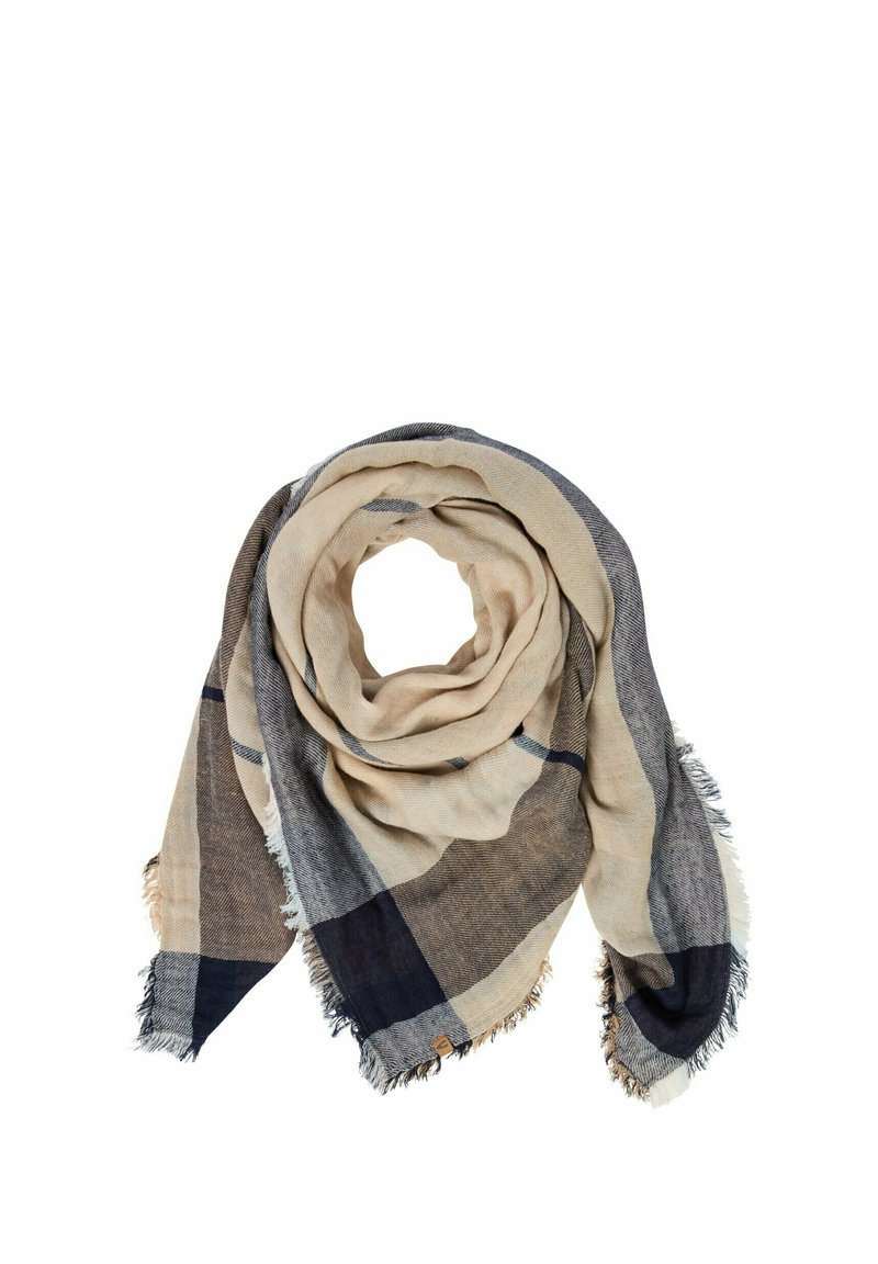 Beige og marineblå ternet tørklæde lavet af blødt stof, med frynset kanter og et let design for alsidighed.