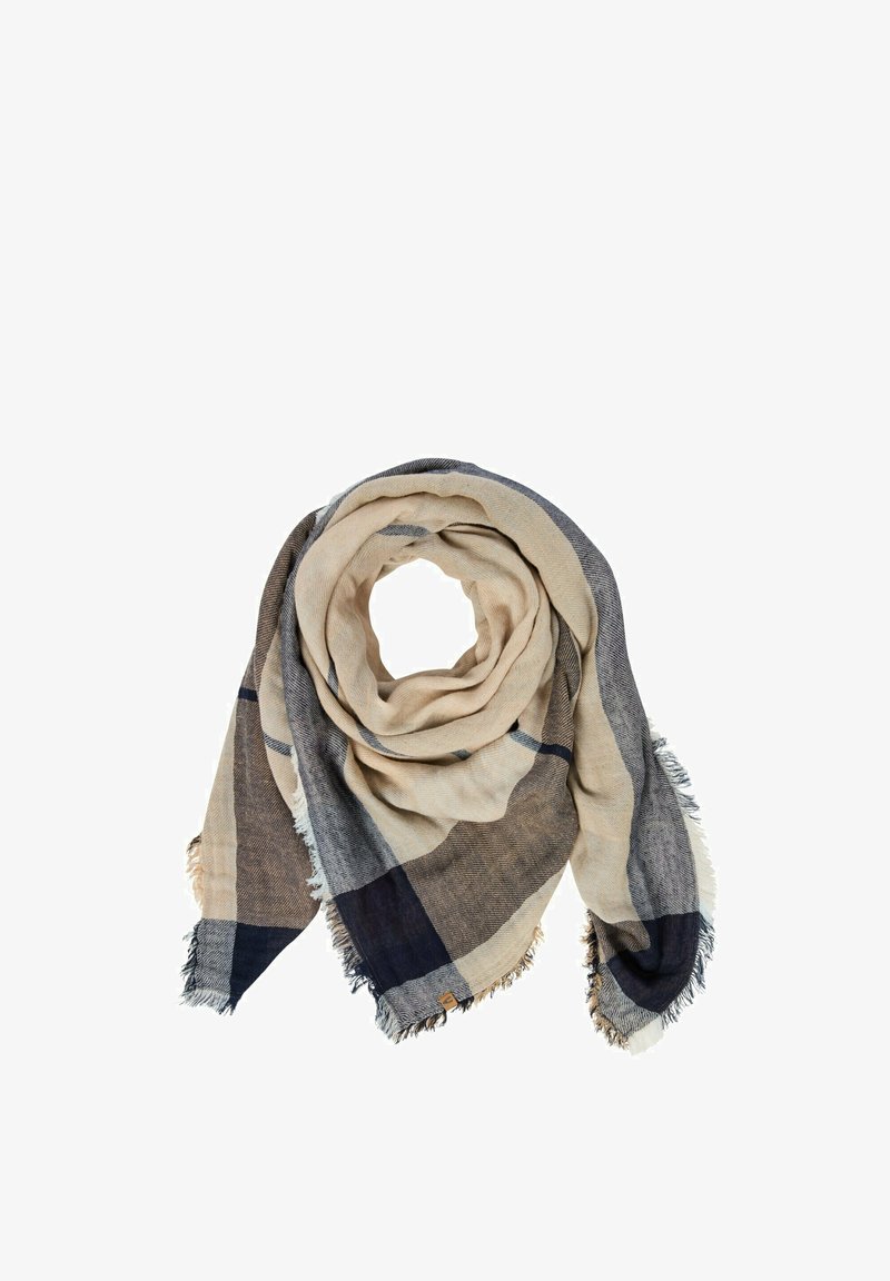 Beige og marineblå ternet tørklæde lavet af blødt stof, med frynset kanter og et let design for alsidighed.