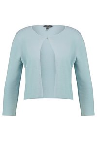 Helles blaues, kurz geschnittenes Cardigan aus strukturiertem Strickstoff, mit Rundhalsausschnitt, offenem Design und dreiviertellangen Ärmeln.