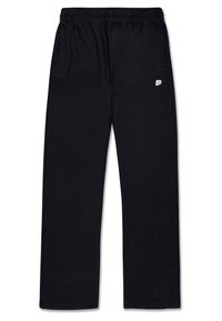 Pantalons de survêtement noirs, à jambe large, avec une finition texturée. Dotés d'une taille élastique, de deux poches latérales et d'un petit logo blanc près de la taille.