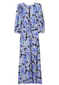 Květinové maxi šaty s dlouhými nafouklými rukávy. Vyznačují se velkými modrými a zelenými květy na černém pozadí a detailním uzlem vpředu v oblasti pasu.