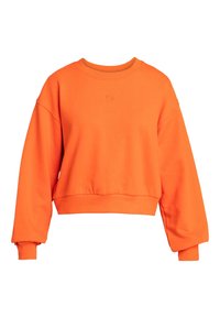 Sudadera recortada de felpa naranja brillante, con cuello redondo, hombros caídos y puños y dobladillo de canalé. Detalle del logo emblema en el pecho.