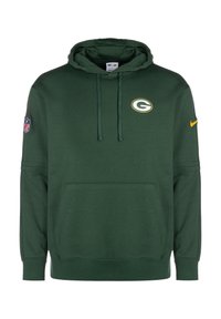 Sudadera de algodón verde con un bolsillo frontal, capucha con cordón, logo de la NFL en la manga izquierda y un acabado texturizado. Presenta un logo de 'G' en el pecho.