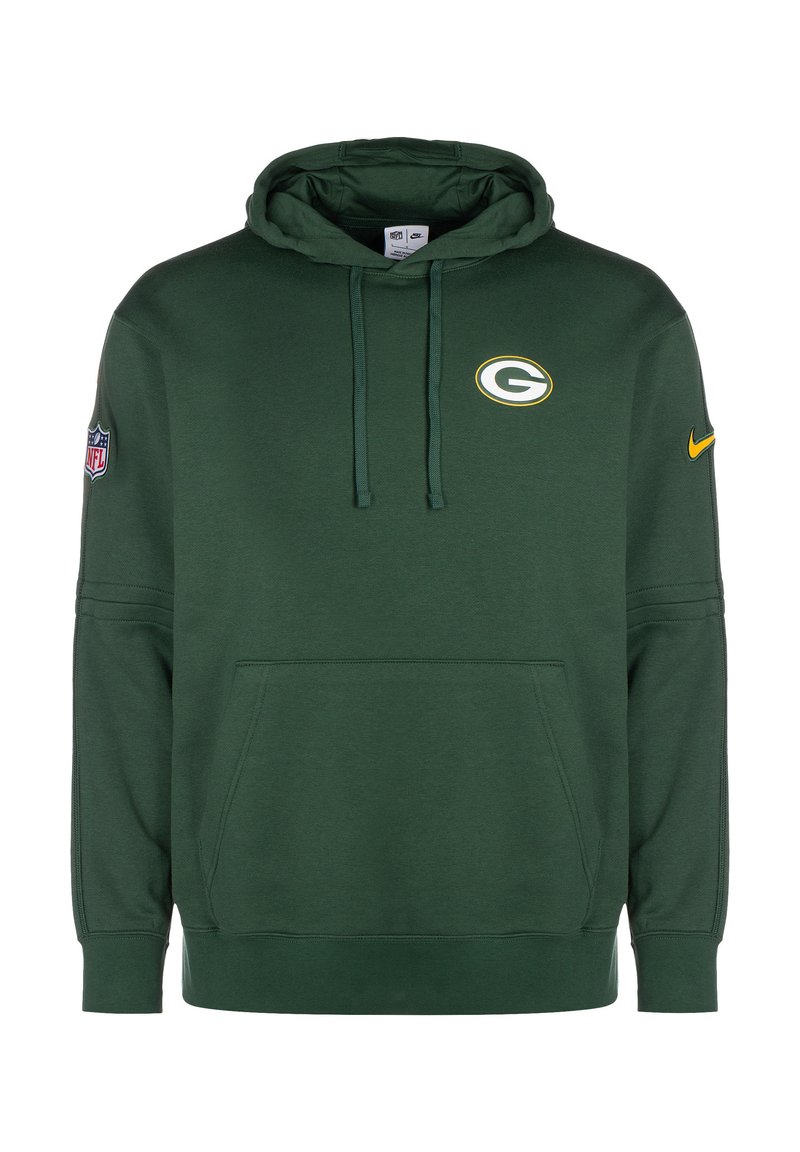 Sudadera de algodón verde con un bolsillo frontal, capucha con cordón, logo de la NFL en la manga izquierda y un acabado texturizado. Presenta un logo de 'G' en el pecho.