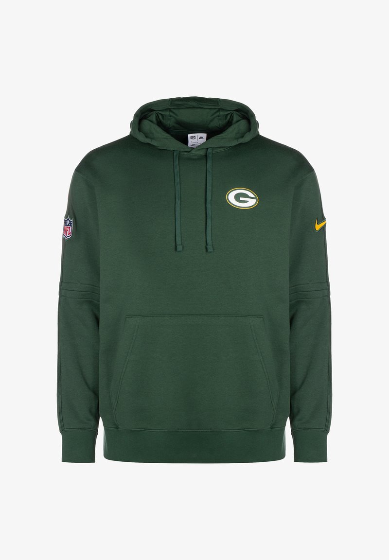Sudadera de algodón verde con un bolsillo frontal, capucha con cordón, logo de la NFL en la manga izquierda y un acabado texturizado. Presenta un logo de 'G' en el pecho.