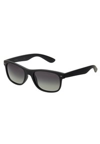 Lunettes de soleil noires avec une finition mate, monture carrée, verres dégradés gris, et un détail de marque subtil sur les branches.
