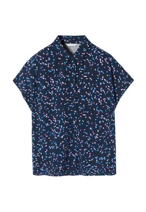 Camicia a maniche corte in tessuto blu navy con un motivo floreale colorato in tonalità di blu, rosa e bianco. Chiusura con bottoni sul davanti.