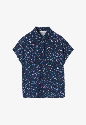 Korte mouwen shirt in marineblauw stof met een kleurrijk bloemenpatroon in tinten blauw, roze en wit. Knopen sluiting aan de voorkant.