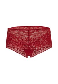 Rode bloemenkant vrouwen boxershort ondergoed met geschulpte randen en doorschijnende mesh stof.