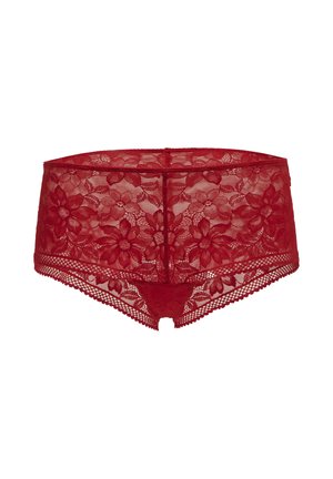Mutande boyshort donna in pizzo floreale rosso con bordi a scallop e tessuto a rete trasparente.