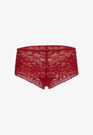 Rote florale Spitzen-Mädchenunterwäsche für Frauen mit gewelltem Rand und transparenter Netzstruktur.