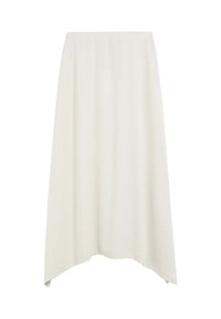 Una gonna di una leggera tonalità beige, lunga fino alle caviglie, realizzata in tessuto testurizzato, con una morbida cintura elastica e un orlo asimmetrico.