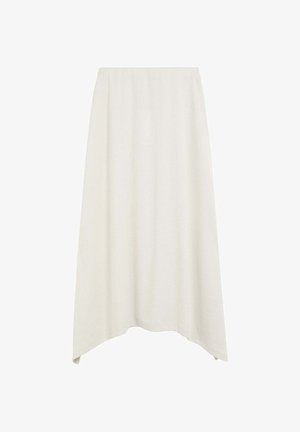 Une jupe beige clair, longueur cheville, en tissu texturé, dotée d'une taille élastique douce et d'un ourlet asymétrique.