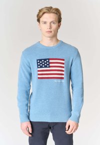 Maglione azzurro chiaro con un motivo a bandiera americana intessuto in rosso, bianco e blu, con polsini e orlo a coste, e marchio "U.S. POLO ASSN.".