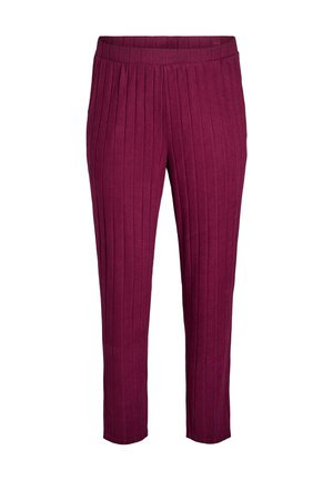 Burgundy pleated trousers with a mid-rise waistband, featuring vertical stripes and a cropped length, made from soft, textured fabric.