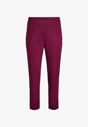 Burgundy pleated trousers with a mid-rise waistband, featuring vertical stripes and a cropped length, made from soft, textured fabric.