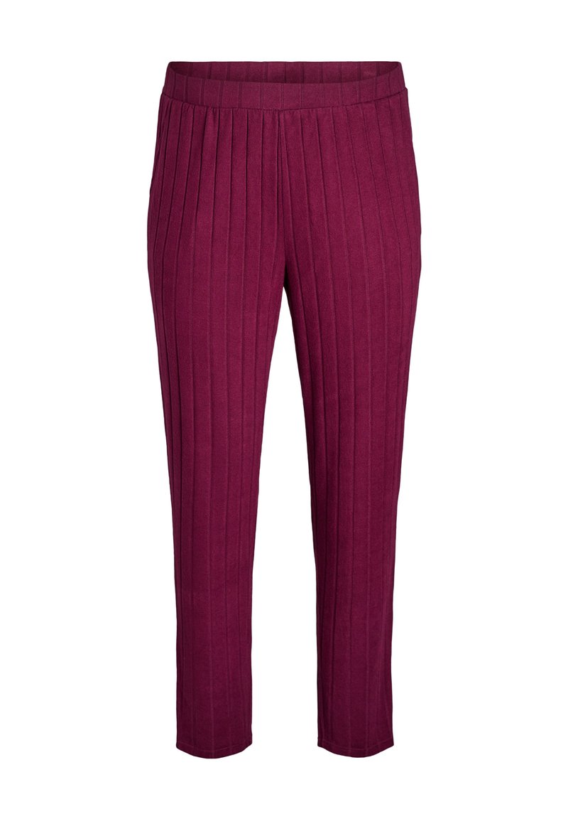 Burgundy pleated trousers with a mid-rise waistband, featuring vertical stripes and a cropped length, made from soft, textured fabric.