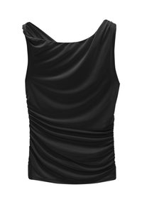 Haut noir sans manches avec un col drapé, des côtés froncés et un tissu lisse et extensible. Design minimaliste sans quincaillerie visible ni motifs.