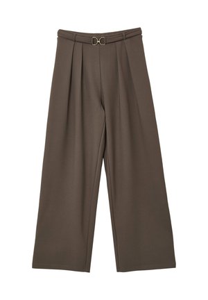 Pantaloni marroni a vita alta con gamba larga, con pieghe frontali e una fibbia decorativa in tono oro alla vita.