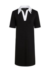 Černé polo šaty s krátkým rukávem a bílým límečkem, ve tvaru V, s detailem podpisu Karla Lagerfelda na límečku. Vyrobeno z měkkého materiálu.