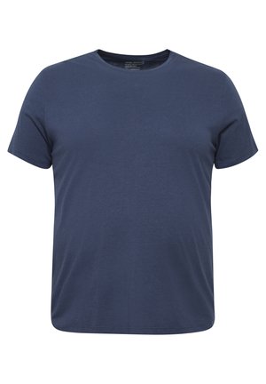 Tengerés kék, rövid ujjú póló, kerek nyakkal, laza fazon, puha pamut keverékből készült, sima textúrával és egyszerű dizájnnal.