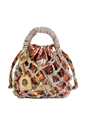Small handbag with orange floral fabric inner pouch, beige netted exterior with knotted design, beaded handle, and leather tag with logo.