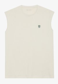 Light beige sleeveless t-shirt made of soft cotton. Features a subtle green embroidered logo on the left chest area. Classic round neckline.