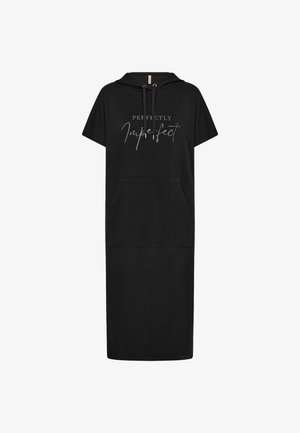 Črno tuniko s kapuco, ki ima kratke rokave, sprednjo žep in grafični print z napisom "Popolnoma nepopoln" v beli in sivi barvi.