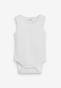 Weißer Baumwoll-Ärmelloser Body mit Rundhalsausschnitt und Druckknopfverschluss am Boden, mit glatter Textur und einfachem Design.