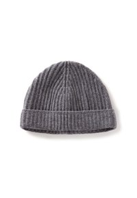 Gray ribbed knit beanie with a folded cuff, made from textured wool material, featuring vertical stripes throughout.