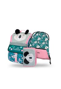 Grau und türkisfarbene Rucksack mit Panda-Design, pinken Akzenten und floralem Muster. Beinhaltet ein passendes Federmäppchen und einen Beutel mit Kordelzug. Texturiertes, verspieltes Design.