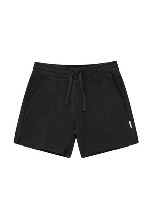 Zwarte shorts van zachte stof met een elastische tailleband, trekkoord en twee zijzakken. Beschikt over subtiele stikseldetails.