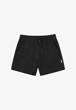 Zwarte shorts van zachte stof met een elastische tailleband, trekkoord en twee zijzakken. Beschikt over subtiele stikseldetails.
