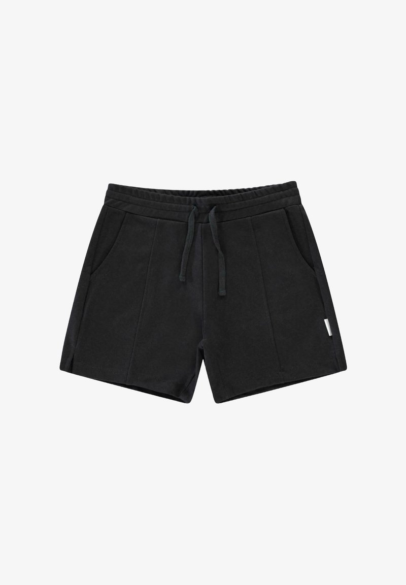 Zwarte shorts van zachte stof met een elastische tailleband, trekkoord en twee zijzakken. Beschikt over subtiele stikseldetails.